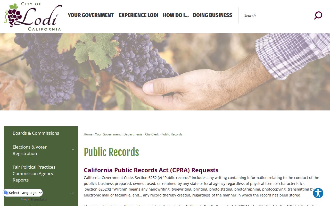 Lodi people search and City Clerk records request page