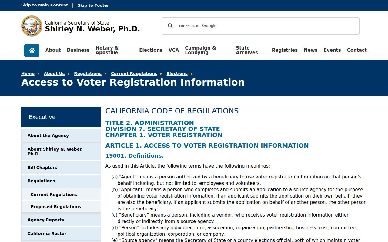Lodi voter registration access regulations for California voter rolls