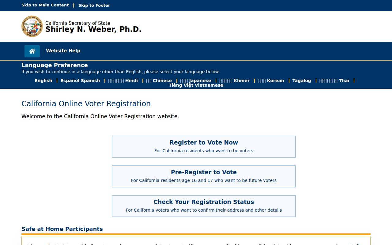 Lodi voter registration entry point on California's official service