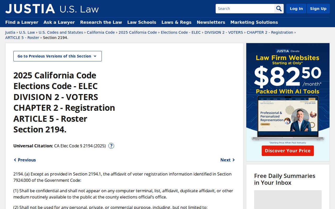 Lodi voter registration confidentiality law under Elections Code section 2194