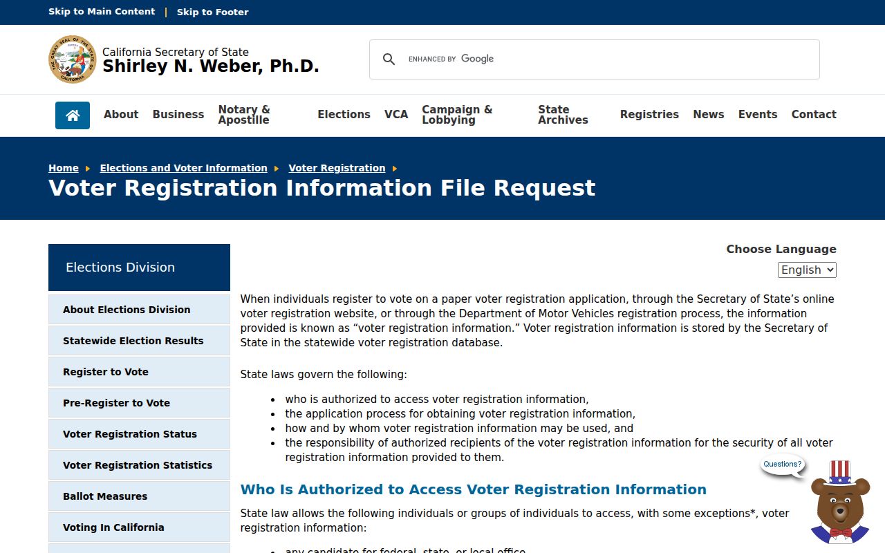 Lodi voter registration file request rules from the California Secretary of State